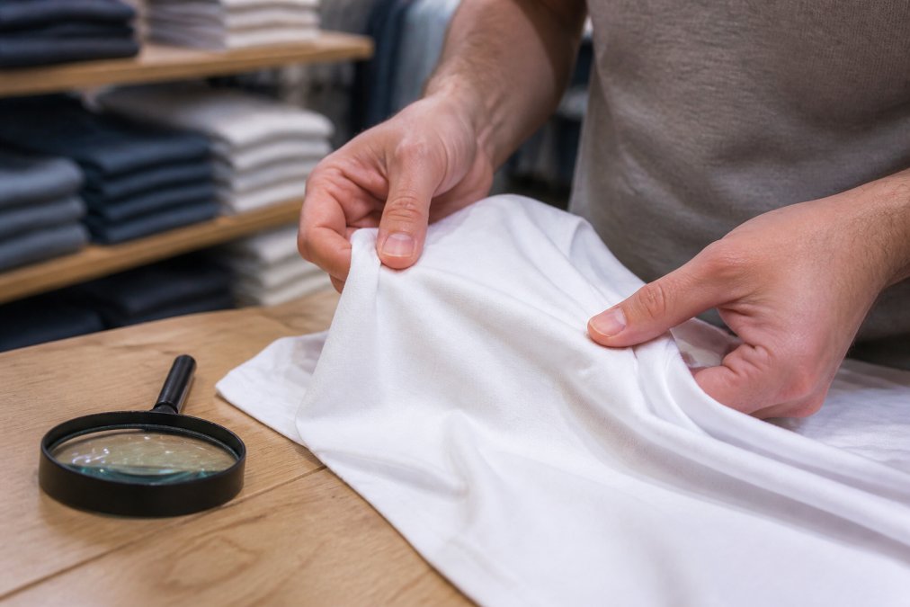 Step-by-step guide showing how to inspect the texture of quality cotton fabric using a magnifying glass in a store
