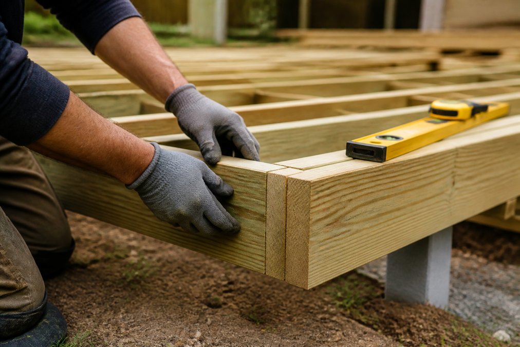 A contractor's gloved hands inspecting a clean, precise joint on a wooden deck frame, with a level and tape measure nearby on the job site