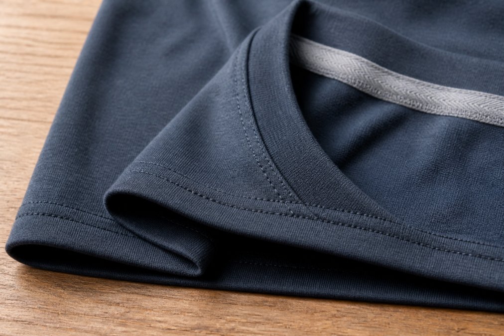 Close-up of a premium custom t-shirt showing double-needle stitching on the hem with even thread tension, flat seams, and reinforced neckline tape visible on the interior