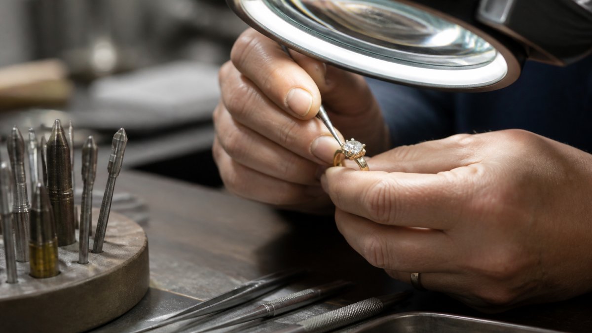 Professional jeweler's hands inspecting a custom gold ring under bright magnifying light, examining stone prongs, metal bezel, and surface finish details with precision tools
