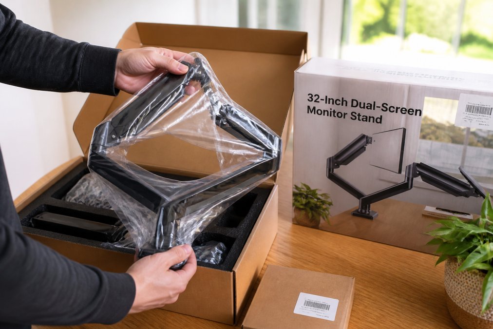 Hands carefully opening an electronics product box, inspecting the serial number label and original manufacturer packaging with authentic branding visible under natural lighting