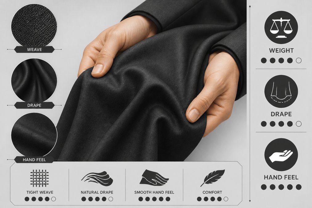 Close-up of hands gently holding and feeling formal suit fabric against neutral background, showing the drape and texture of high-quality weave with natural light highlighting the thread structure