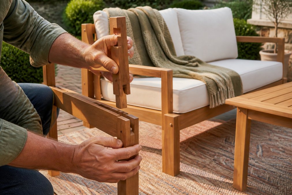 Close-up of skilled craftsperson's hands examining wooden dovetail joints and mortise-and-tenon connections on quality furniture frame, showing detailed wood grain and precise joinery with natural workshop lighting