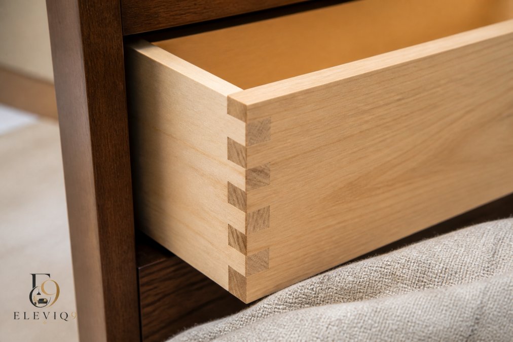 Close-up of wooden drawer corner showing precisely cut dovetail joints interlocking together, natural wood grain visible, professional lighting highlighting the joinery detail