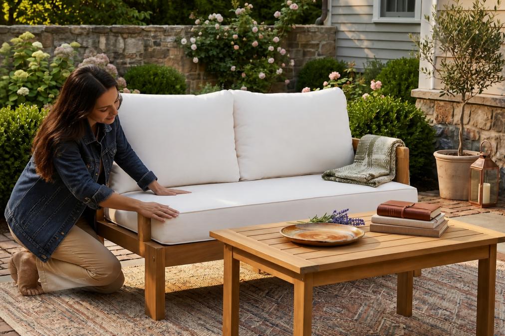 Person carefully examining upholstered furniture up close, running fingers along fabric stitching and testing cushion firmness and density with hands, natural daylight from window