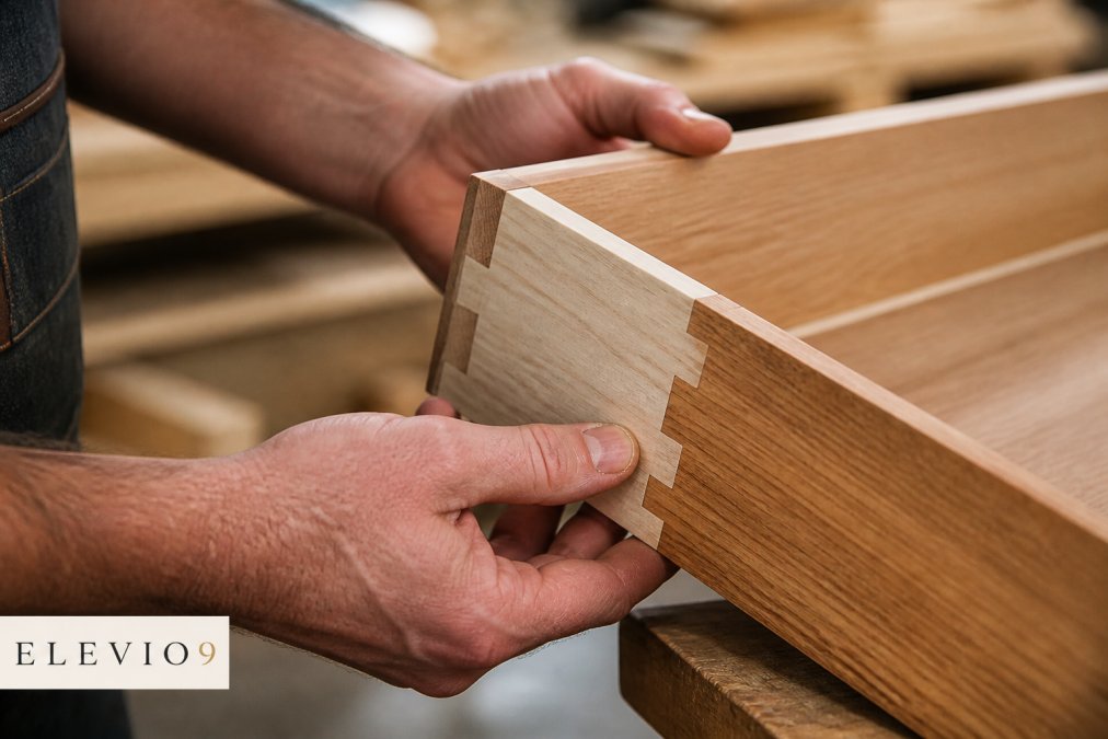 Hands of furniture craftsperson carefully examining wooden joinery detail on drawer corner, showing dovetail joint construction with natural workshop lighting