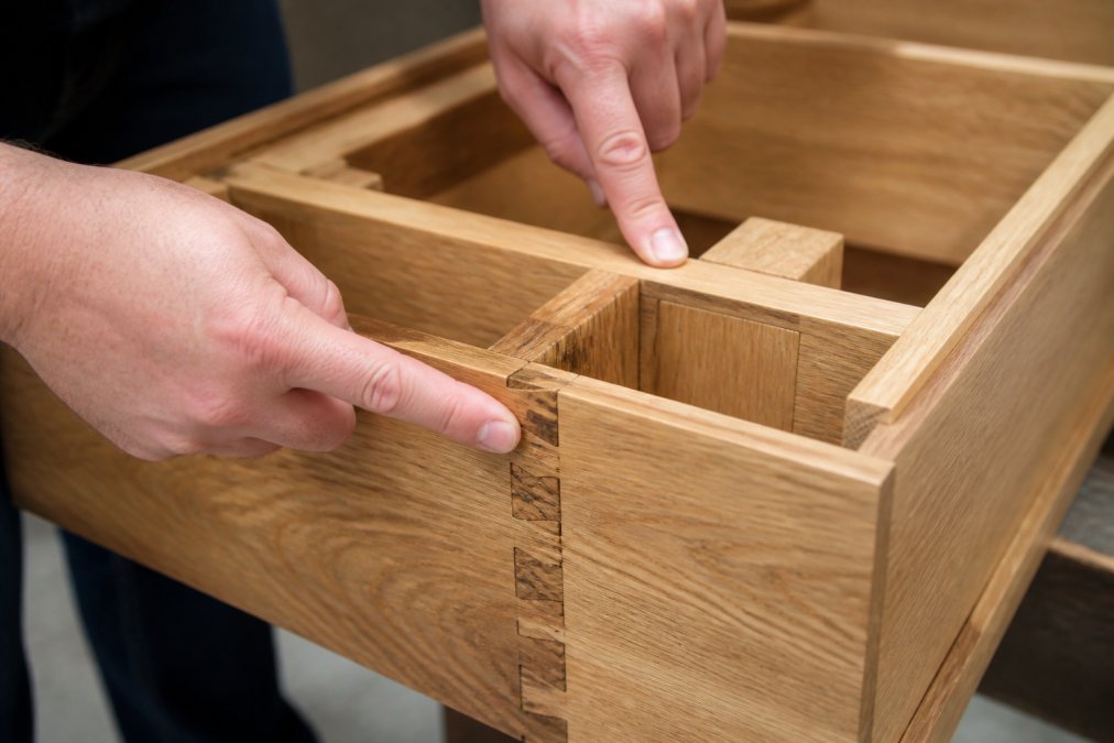 Close-up of wooden furniture frame showing intricate dovetail joints and corner block reinforcement details, with hands pointing to the joinery construction