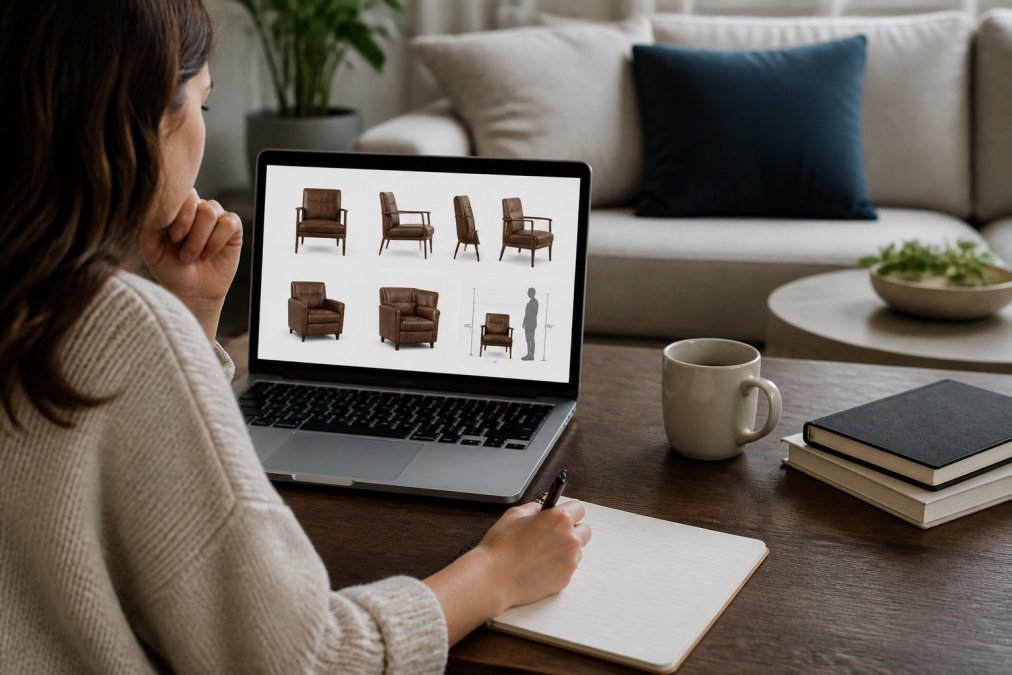 Person on a laptop reviewing 360-degree furniture product photos and scale images on a product page, with a notebook for notes nearby