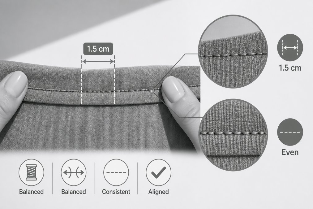 Close-up of garment seam showing even stitching with consistent seam allowance width, held under bright natural light to highlight thread tension and stitch alignment