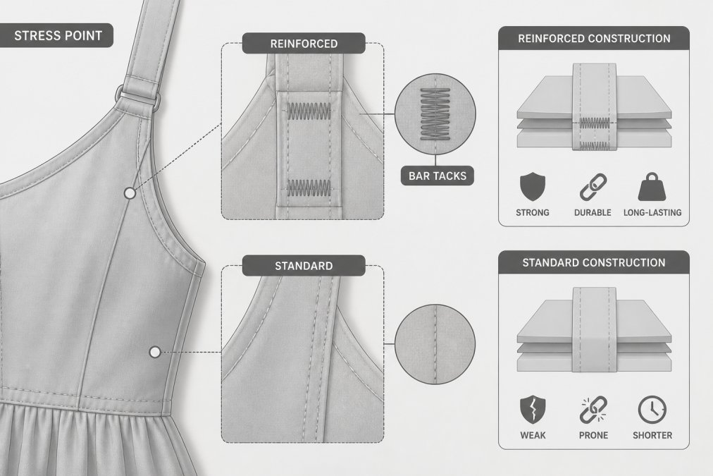 Detail shot of garment stress point showing reinforcement stitching and bar tacks, with visible contrast between reinforced and standard seam construction