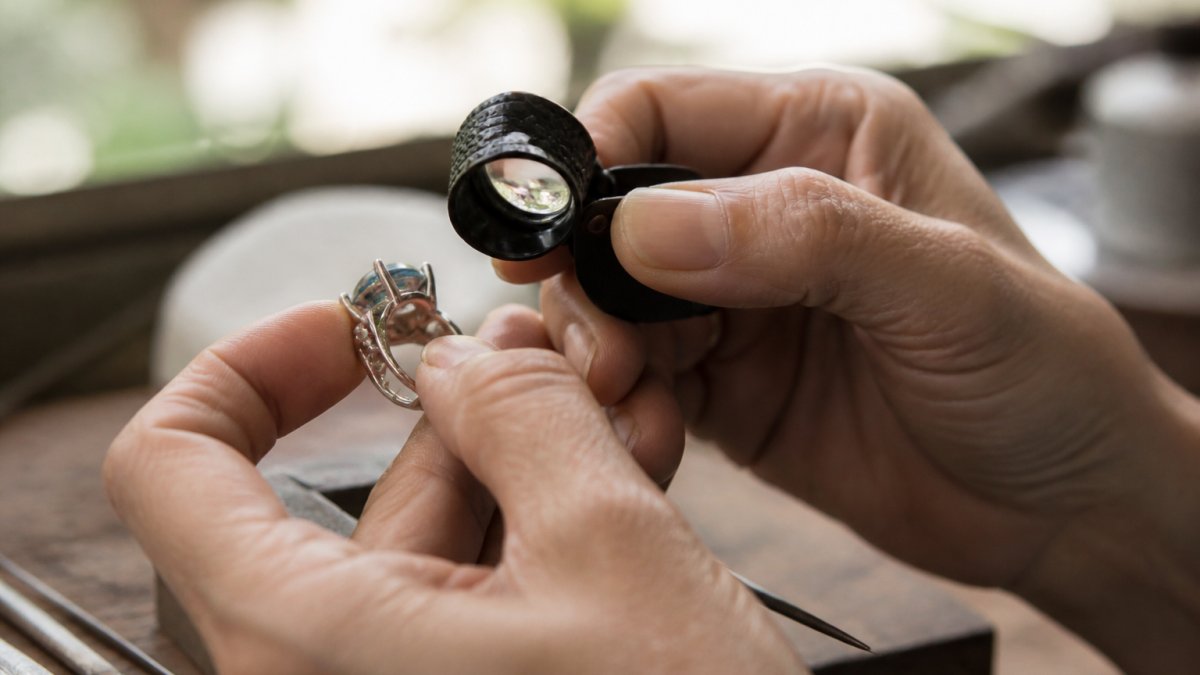 Close-up of hands holding a handmade sterling silver ring under natural light, examining the prongs and solder joints with a jeweler's loupe, showing detailed inspection of craftsmanship