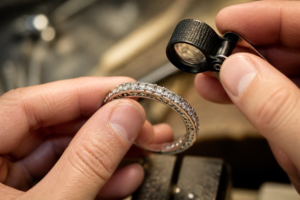Close-up of hands holding a sterling silver bracelet under bright light, examining prong settings and solder joints with a jewelry loupe