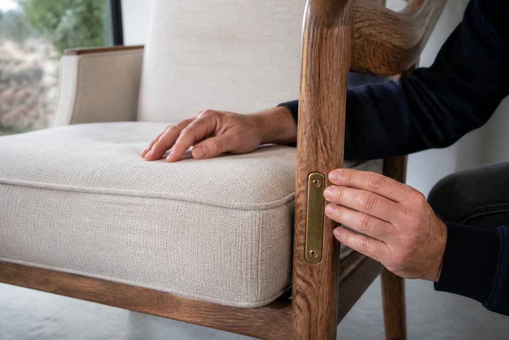 Close-up of hands carefully examining furniture seams, wood grain patterns, and metal hardware details on a quality upholstered piece in natural daylight