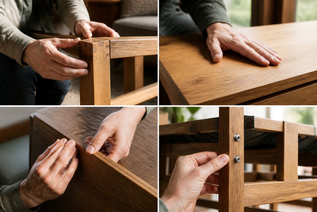 Hands examining wooden furniture joints, touching solid wood grain, inspecting veneer seams, and checking bolts on a chair frame in natural daylight from a window