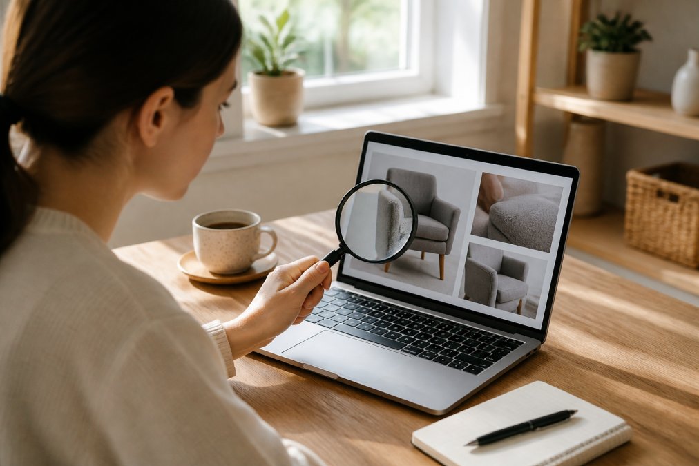 Person sitting at a laptop desk with high-resolution product images of furniture displayed, using a magnifying glass to inspect screen details, with coffee cup and notepad nearby in natural window lighting