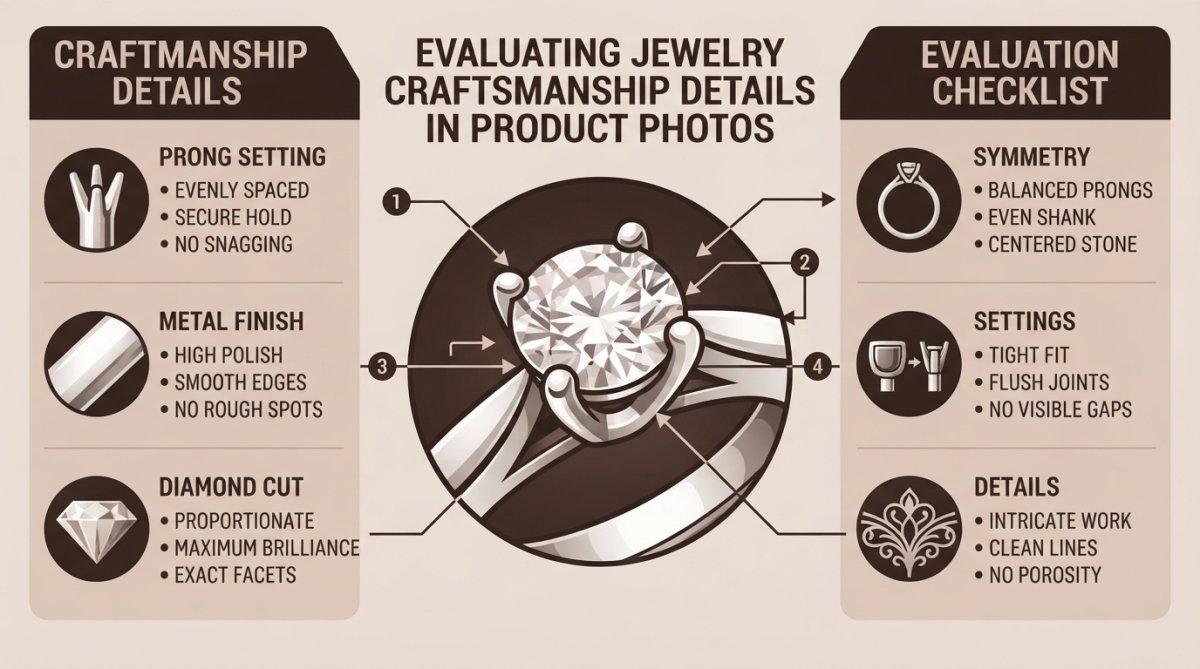 Close-up macro photograph of jewelry showing detailed prong settings holding a gemstone, metal finish texture, and soldering work on white background with professional studio lighting