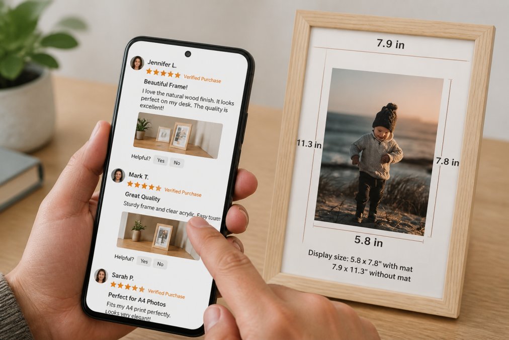 Close-up of a smartphone screen displaying customer reviews with ratings and detailed feedback on a discount shopping site, a person's hand pointing to verify review authenticity and details