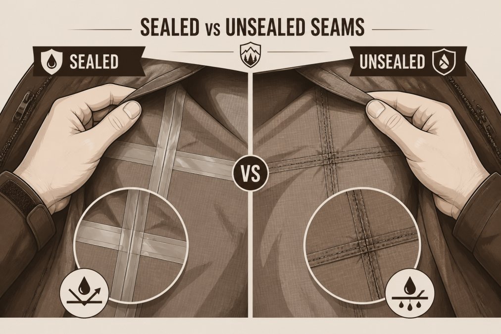Close-up of hands examining seam tape and stitching detail on the interior of an outdoor jacket under bright natural light, showing the difference between sealed and unsealed seams