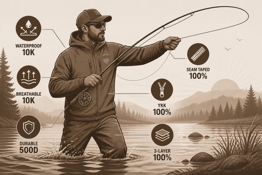 Angler in field wearing rugged outdoor apparel while casting a fishing line in early morning light, showing how quality gear performs during active outdoor use in natural conditions
