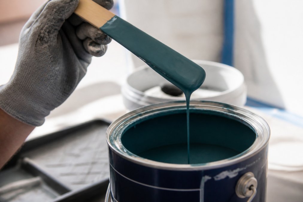 A painter's gloved hand holding a wooden stir stick with thick, creamy paint dripping slowly back into an open can, the paint showing dense, rich color under bright work lighting