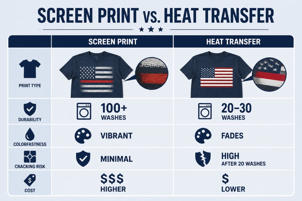 Infographic comparing durability and cost of screen print versus heat transfer for spot quality patriotic graphic tees