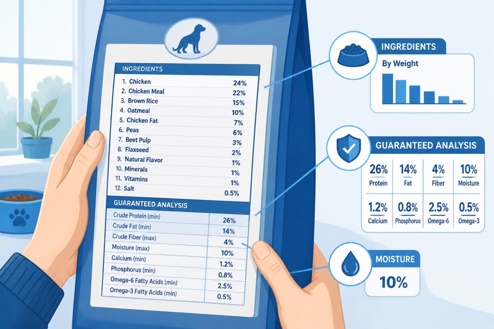 Close-up of a pet food bag label being examined by a person's hands, showing ingredient list and nutritional information clearly visible in natural daylight