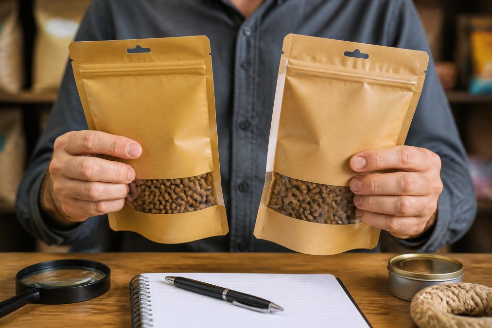 A person comparing two pet product packages side by side, examining packaging details, serial numbers, and authenticity markers under bright lighting