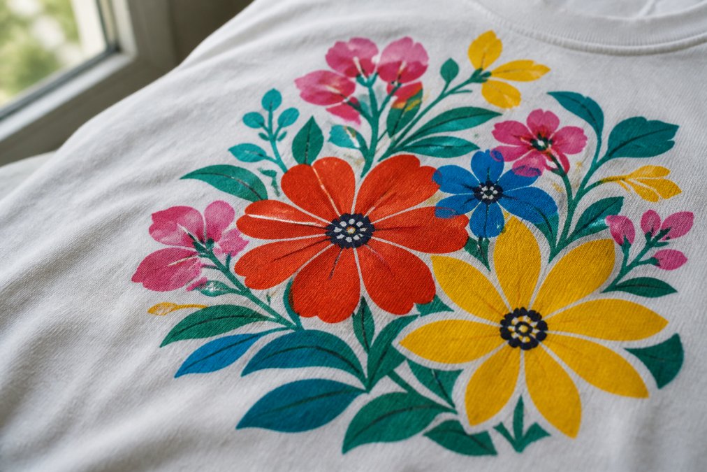 Close-up of a vibrant screen-printed graphic on a white cotton shirt showing rich color saturation and uniform ink coverage under natural window lighting