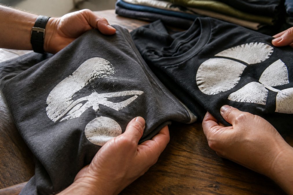 Hands holding and gently feeling the texture of a screen-printed t-shirt, demonstrating the difference between soft, integrated ink and heavy, stiff ink deposit with natural indoor lighting
