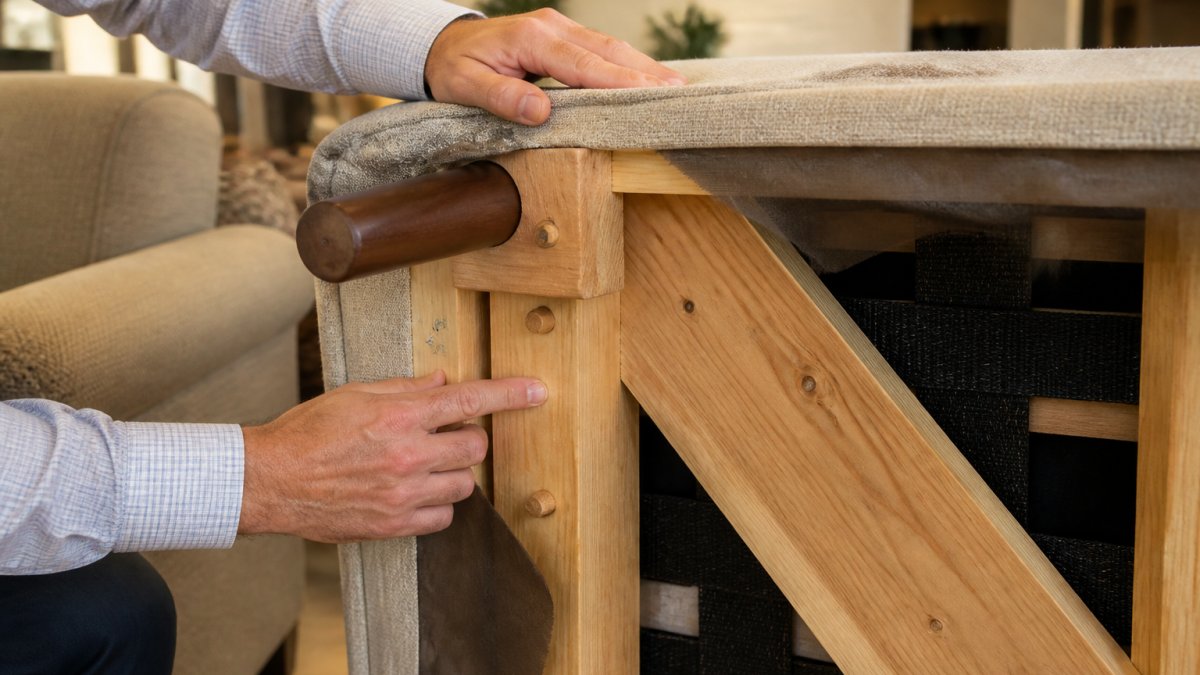 Close-up of hands inspecting the underside of a sofa frame, checking wooden dowels and corner block reinforcement in a furniture showroom with natural light