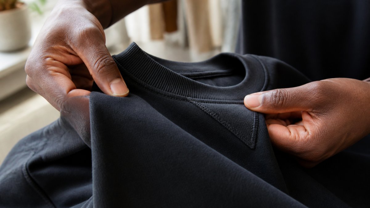 Close-up of hands examining streetwear garment in natural light, showing detailed inspection of fabric texture, seam stitching, and collar construction