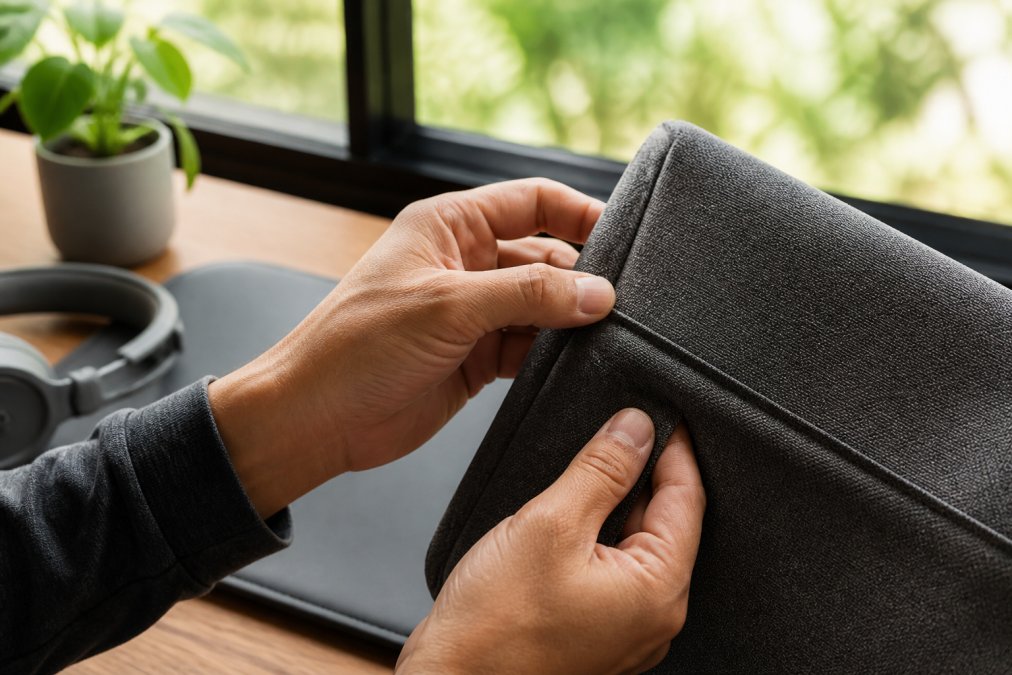 Close-up of hands examining a high-quality tech accessory's fabric texture, checking seams and material composition under bright natural light from a window