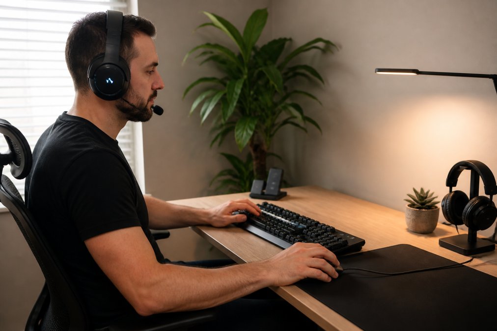 Professional remote worker at a clean, organized desk setup using high-quality tech accessories including a wired gaming headset, mechanical keyboard, and precision mouse in active use