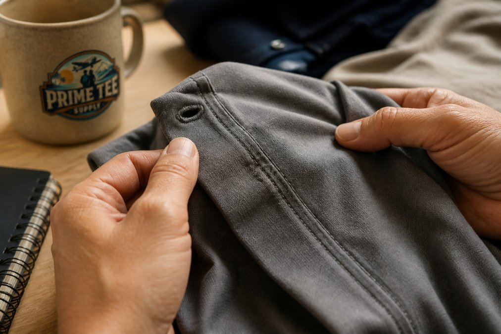 Close-up of hands carefully inspecting double-stitched seams and buttonhole reinforcement on a travel t-shirt, showing fine stitch detail under natural light