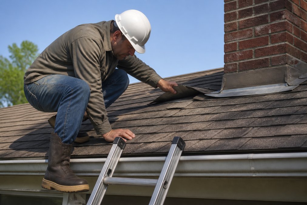A homeowner wearing a hard hat and rubber-soled boots carefully examining curled shingles near a chimney flashing on a residential asphalt roof on a clear afternoon, ladder visible at the roof edge
