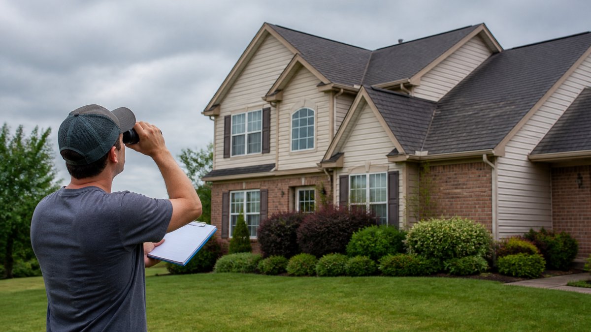 A homeowner standing in a green yard looking up at a two-story house roof through binoculars, notepad in hand, overcast sky after a storm