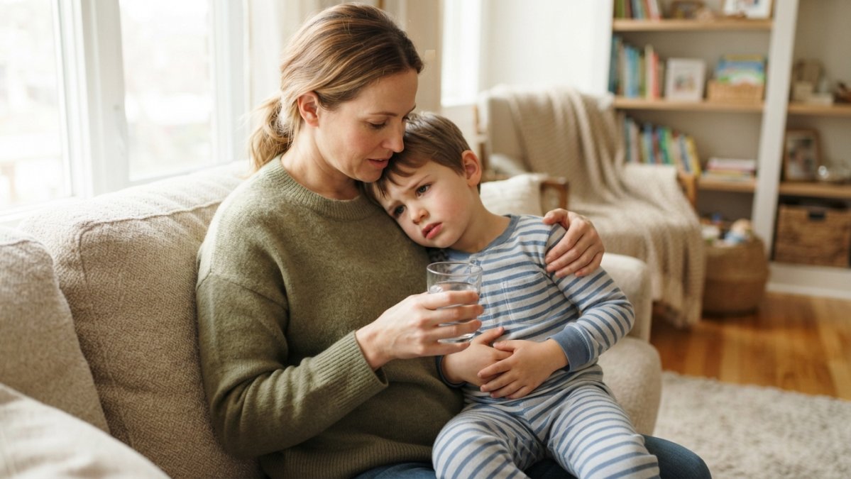 A parent gently comforting a young child who is holding a glass of water in a sunlit room.