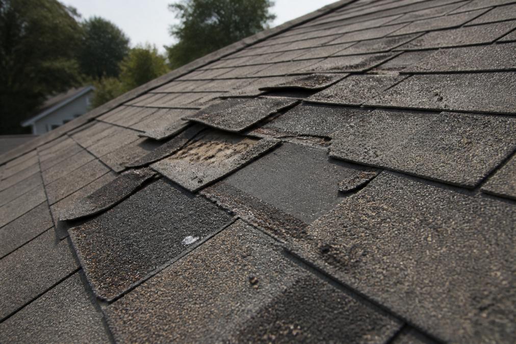 Close-up photo of asphalt shingles on a residential roof showing curling, cracked, and missing shingles after a windstorm, with visible granule loss on the surface