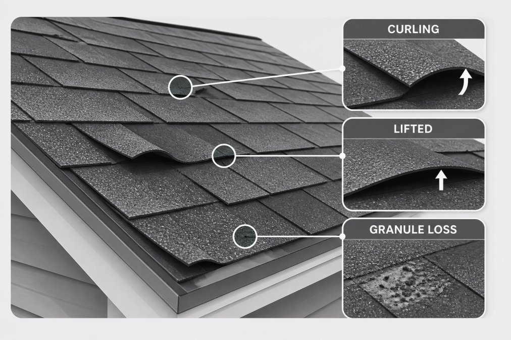 Close-up view of residential roof showing curled and lifted asphalt shingles at their edges with visible separation from the roof deck and granule loss on the surface