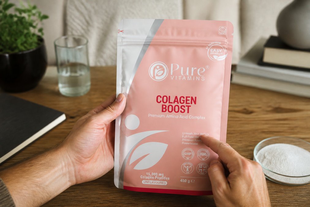 Close-up of hands holding a supplement bottle, carefully pointing to the 'Other Ingredients' section on the label with natural lighting in a home setting