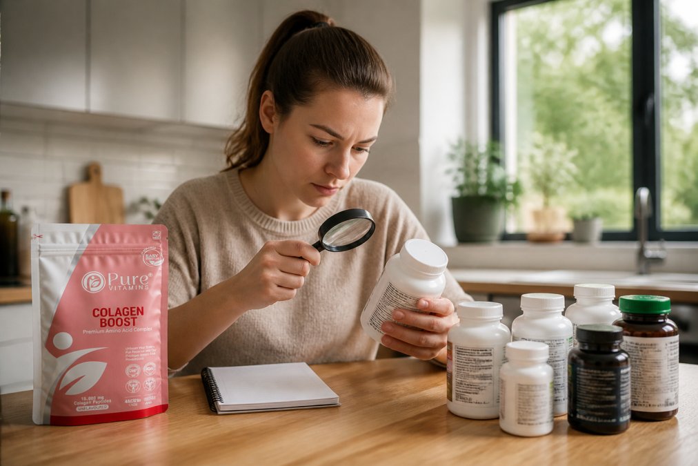 Person at a kitchen table with multiple supplement bottles arranged, carefully comparing labels with a magnifying glass and a notepad, natural daylight from nearby window