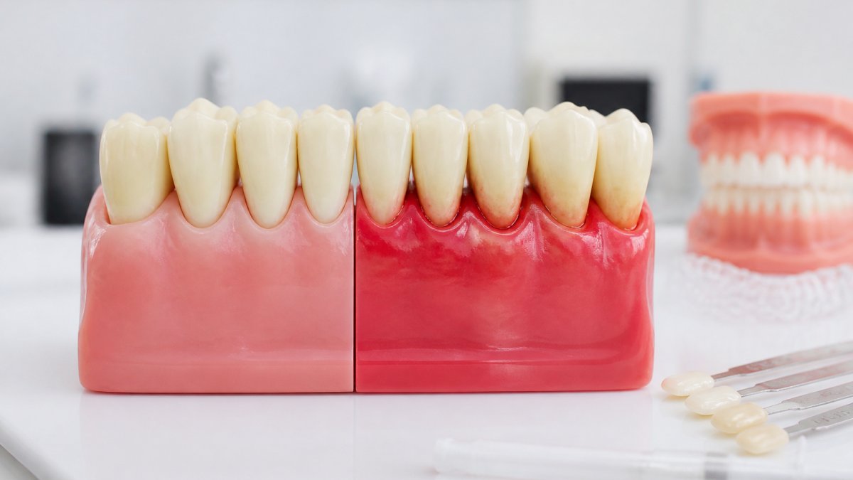 Infographic comparing healthy pink gums and inflamed tissue to identify early signs gum disease.