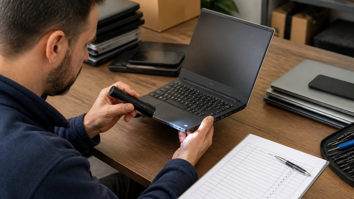 Person inspecting a used laptop with a flashlight and checklist before buying as-is electronics.