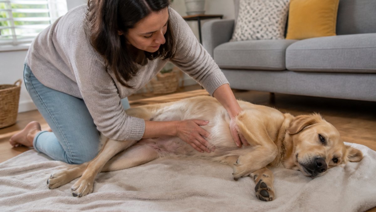Concerned owner gently examining their dog's belly on a soft blanket in a sunlit living room