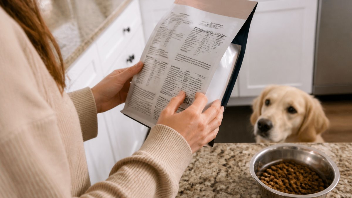 Close-up of a person's hands holding a pet food bag and reading the ingredient panel in a bright kitchen, with a dog waiting nearby