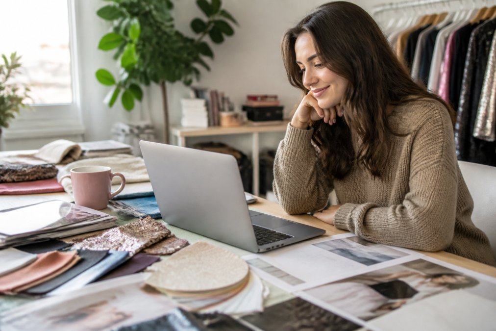 Stylish woman browsing trendy new arrivals on a laptop with fashion magazines and fabric swatches on a bright desk
