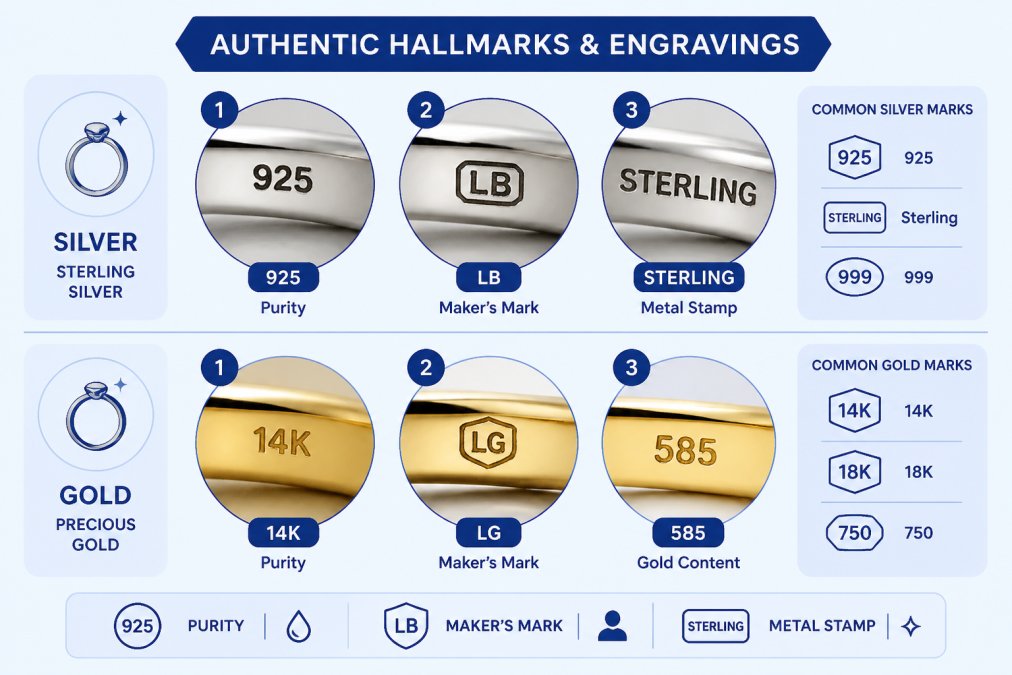 Close-up macro photography of jewelry hallmark stamps and engravings on silver and gold pieces, showing clear maker's marks and purity stamps under magnification