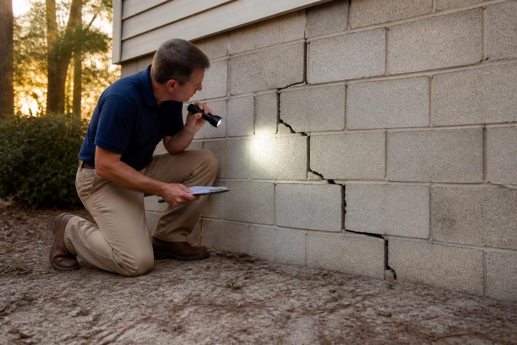 Homeowner inspecting a stair-step foundation crack for sandy soil stabilization assessment