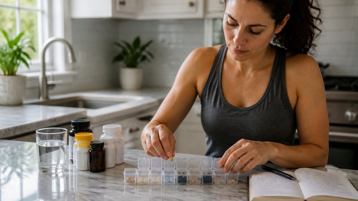 Person filling a weekly pill organizer with capsules next to a dose tracking notebook in a bright kitchen