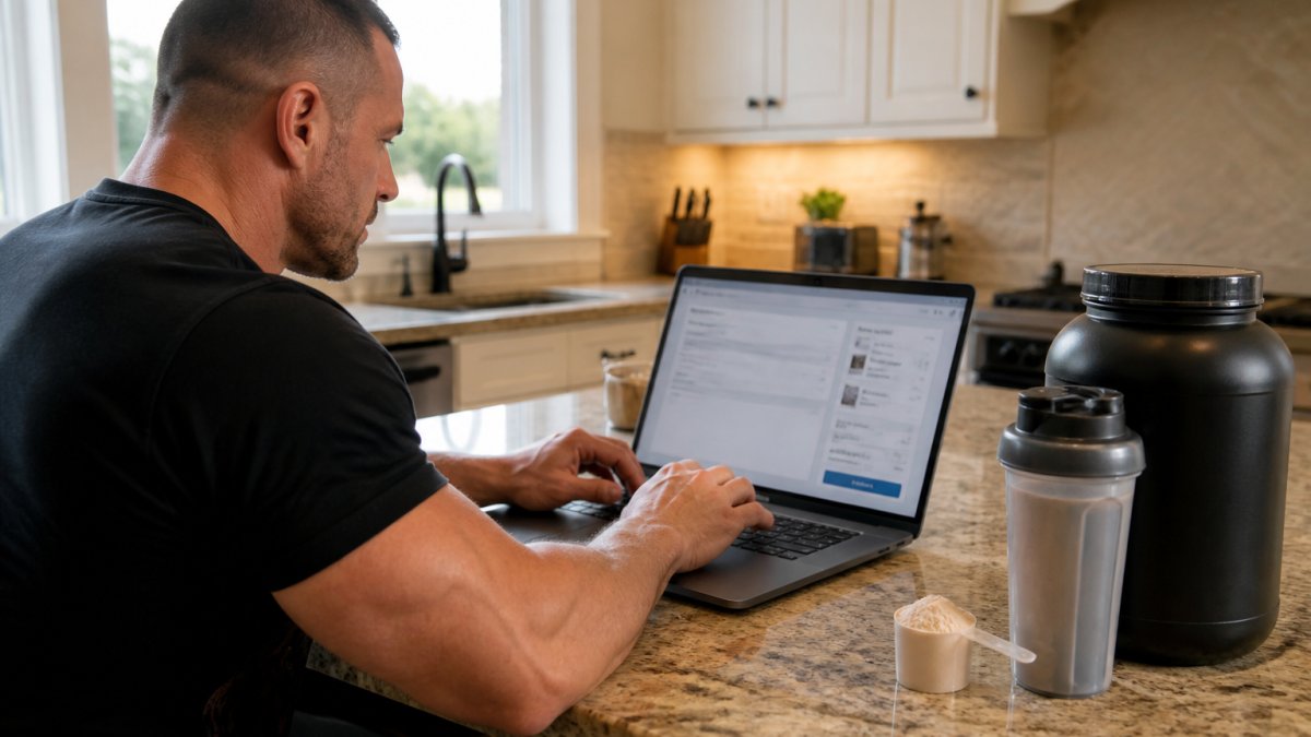 Person typing a promo code on a laptop next to a protein tub and a shaker bottle on a desk
